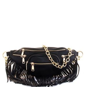 Bags - BLACK DESIGNER CHIC FRINGE FANNY PACK W/GOLD CHAIN Bags - BLACK DESIGNER CHIC FRINGE FANNY PACK W/GOLD CHAIN